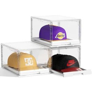 2Pack Hat Organizer for Baseball Caps Storage Organizer with Sliding Trays, Stackable Hat Boxes Holder Rack with Drawer, Clear Display Case for Hats Snapback Cap, Hold 12 Hats Each