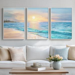 Framed Coastal Beach Wall Art for Living Room, Large 3 Piece Blue Ocean Canvas Artwork for Walls, Modern Beachy Sunrise Painting Prints for Dining Room Home Office Wall Decor, 24x36 Inch