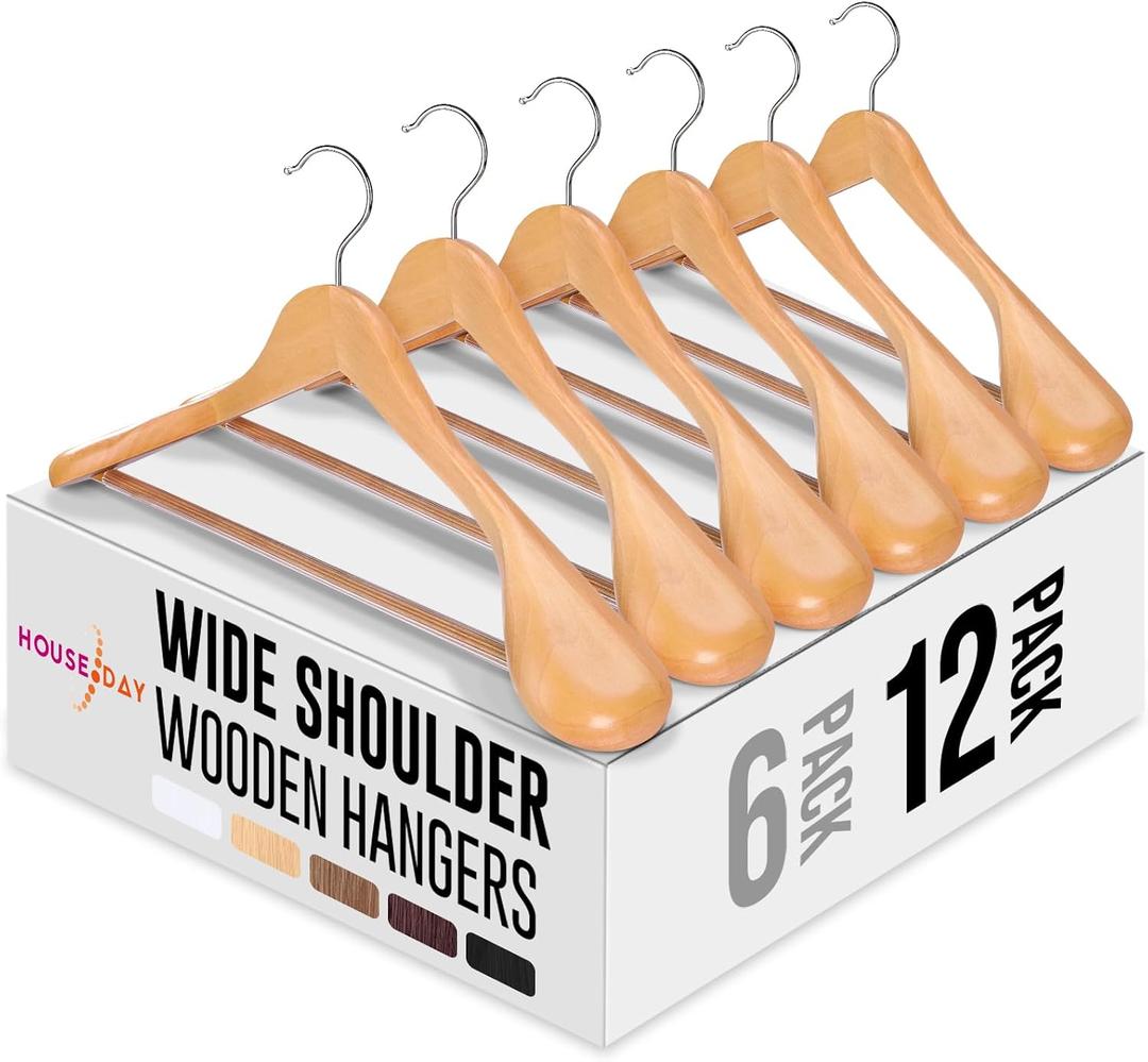HOUSE DAY Wide Shoulder Wooden Hangers 12 Pack, Wood Suit Hangers for Men with Non Slip Pants Bar, Smooth Finish Solid Wood Coat Hanger for Jacket, Pants, Dress, Heavy Clothes Hangers (Natural)