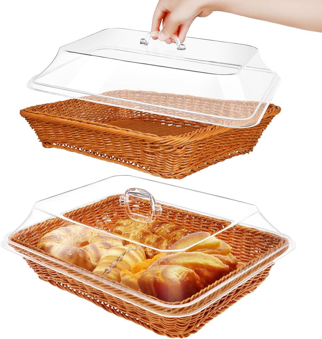 2 Pcs Rattan Bread Basket 15.7 x 11.8 Inch Woven Imitation Rattan Fruit Basket with Acrylic Lid Wicker Bread Basket for Serving with Cover Food Vegetable Display Storage Baskets for Kitchen Restaurant