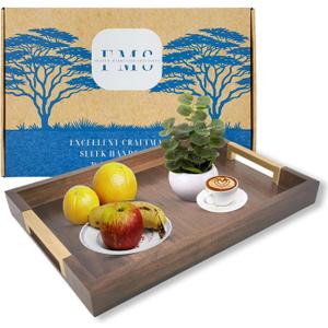 Large Wooden Ottoman Tray with Golden Handles for Serving Food, Decorative Serving Platter for Breakfast, Dinner & Bar, 17.5x11.8in Rustic Storage Tray for Kitchen, Bedroom & Gift Packaging