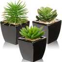 Hollyone Small Succulents Artificial 3 Pcs Faux Succulents in Pots Fake Succulent Plants with Black Ceramic Pots for Modern Home Office Desk Bathroom Shelf Living Room Decor
