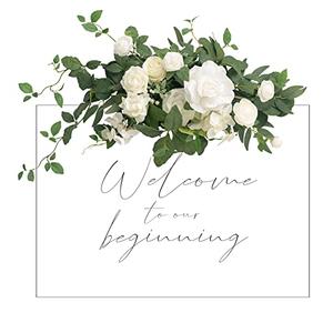 Wedding Floral Swag Welcome Sign Artificial Flowers Backdrop Garland White Sage Green for Ceremony Reception Door Wall Easel Home Decorations Entryway Faux Outdoor Board Head Table Decor
