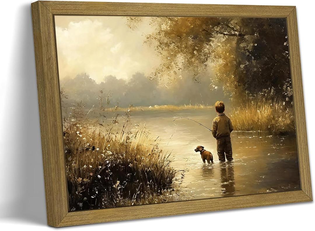 Framed Vintage Landscape Wall Art, Boy Fishing Canvas Wall Decor painting, Vintage Country Farmhouse Artwork Print Poster for Boy Room Bedroom Living Room Nursery Decor 12x16 Inch