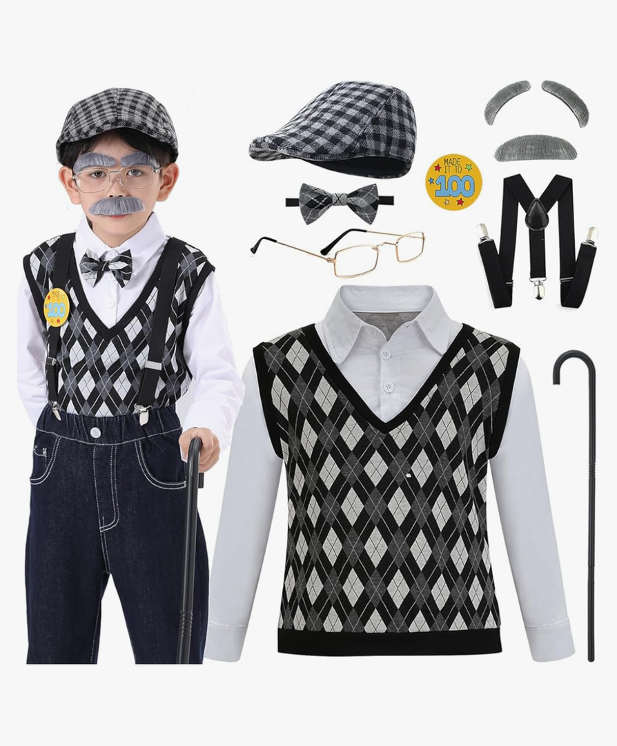 Old Man Costume for Boys 100th Day of School Kids Grandpa Old Person Outfit with Hat