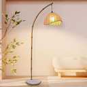 Bamboo Floor Lamp Bohemian Hanging Arc Floor Lamp with 3 Color Temperatures Linen Lampshade Standing Lamps Antique Rattan Style Retro Bamboo Tall Lamp for Living Room Farmhouse Bedroom