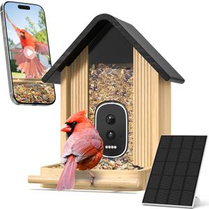 Bird Feeder with Camera, Smart Bamboo Bird Feeder, 2.5K UHD AI Identification, Real-time Videos & Pictures, Wireless Solar Powered Outdoor, Ideal for Garden Birding, Premium Present (Brown)