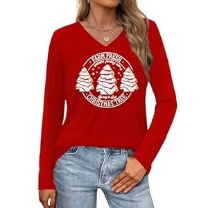 Christmas Shirts for Women Christmas Tree Graphic Shirt Xmas Tshirts Bow Printed V Neck Long Sleeve Tee Tops(Red4, Medium)
