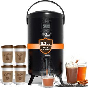 Insulated Beverage Dispenser - Thermal Hot and Cold Tea Dispenser -12L/3.2Gal Stainless Steel with Spigot for Tea, Coffee, Milk, Water & Juice (Black)