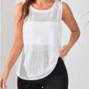 OYOANGLE Women's Sheer Sleeveless Crew Neck Sports Tank Top Sleeveless Athletic Workout Shirts White Sheer X-Large