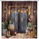 Western Cowboy Shower Curtain Farmhouse Barn Door Tropical Cactus Country Boots Lantern Guitar Retro Rustic Wooden Board Bathroom Decor Polyester Curtains with Hooks,70Wx70L