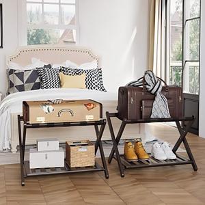 Set of 2 Fully Assembled Luggage Rack for Guest Room, 5 Straps Bamboo Suitcase Stand with Shoe Shelf, 26.77" Wide Foldable Luggage Holder for Bedroom, Hotel (Brown)