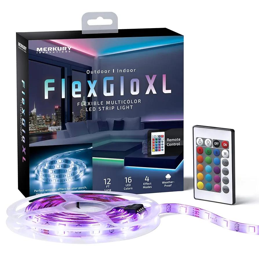 Merkury Innovations FlexGlo Flexible Multi-Colored LED Light Strips, RGBW LED Party Lights with Adhesive Backing and Remote Control. Outdoor and Indoor Strip Lights with Adhesive Tape, 12 ft