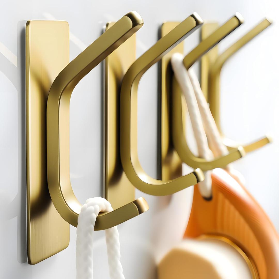 Taozun Adhesive Hooks - Brushed Gold Towel Hooks, Stainless Steel Stick on Wall Hooks Holder for Hanging Robe Sponges in Bathroom and Bedroom (4 Pack)