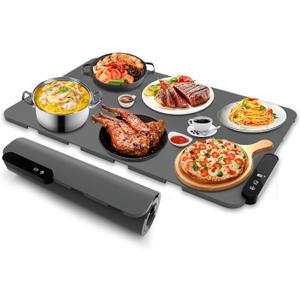 Electric Warming Tray, Rollable Food Warming Mat with 5 Temperature 6 Timer Setting Warming Tray Food Warmer Versatile Electric Warming Hot Plates Trays Heat Pad for Parties Home Travel (gray)