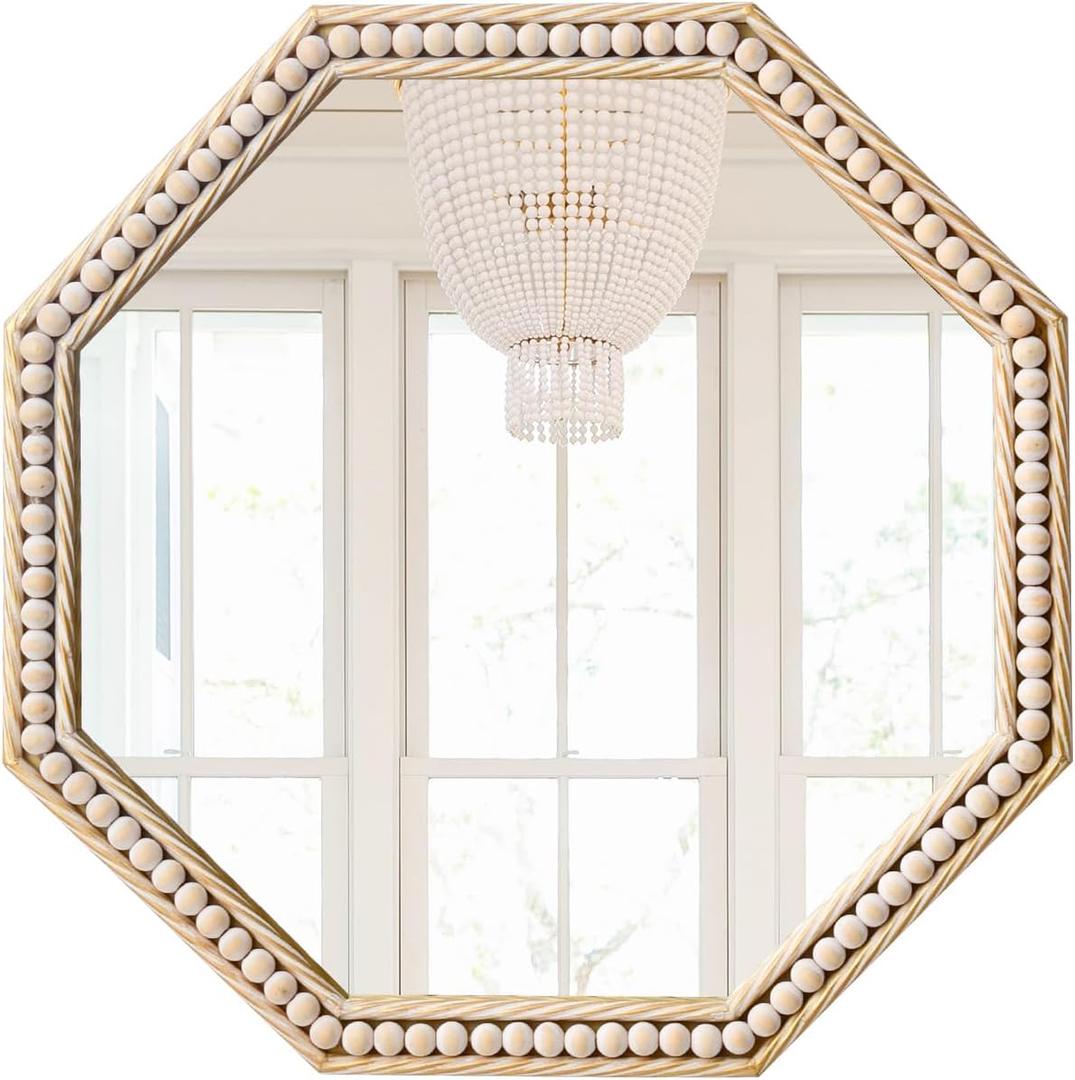 Octagon Bathroom Mirror 24x24 Inch, Gold Accent Mirror, Antique Beaded Mirror Metal Framed, Rustic Square Vanity Mirror for Bedroom Living Room Washing Room Entryway