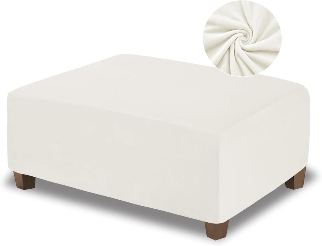 NeColorLife Velvet Ottoman Cover Rectangle Storage Ottoman Slipcover Thick Stretchable Footrest Stool Covers with Elastic Band for Ottoman(Medium Size,Off White) (M Length: 31"-34",Width: 31"-43")