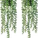 FUNARTY 2pcs Fake Plants Indoor Artificial String of Pearls Plant in Black Pots, Realistic Green Fake Hanging Plants for Shelf Decor Desk Home Garden Decorations