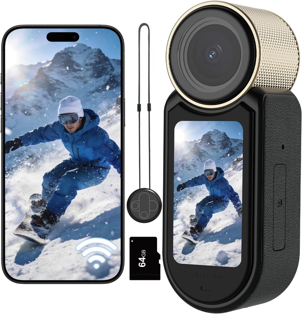 2.7K 64G Thumb Action Camera Mini Body Camera with Magnetic Lanyard for Hands-Free POV Vlogging Outdoor Sports Recording Video Camera for Cycling, Traveling, Running (Black and Gold)
