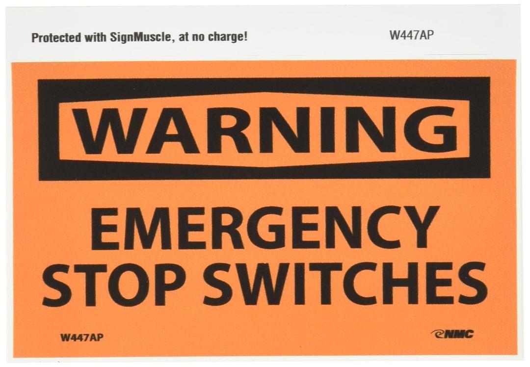 NMC W447AP OSHA Sign, Legend "WARNING - EMERGENCY STOP SWITCHES", 5" Length x 3" Height, Pressure Sensitive Vinyl, Black on Orange (Pack of 5)