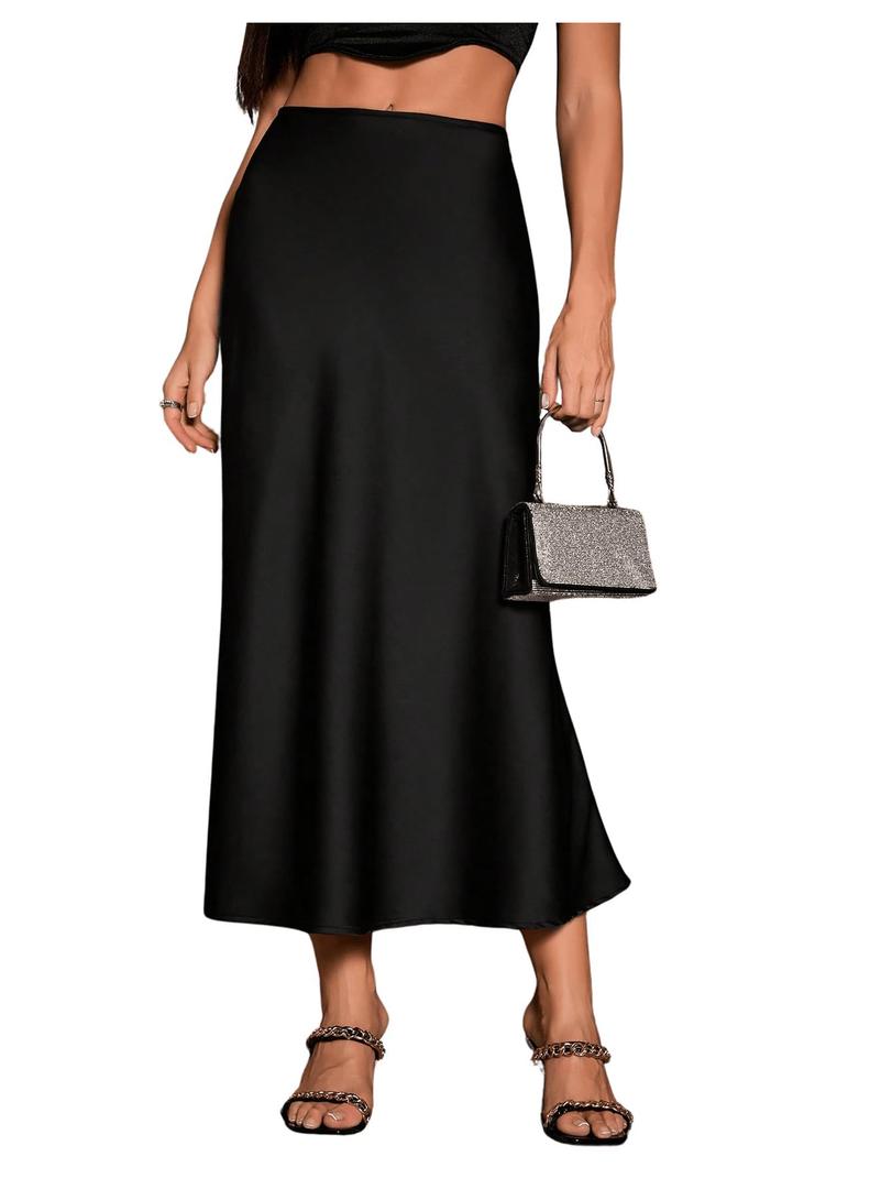 GORGLITTER Women's Long Silk Satin Maxi Skirts Going Out Outfits High Waisted Flowy A Line Silk Brunch Elegant Festival Black Large