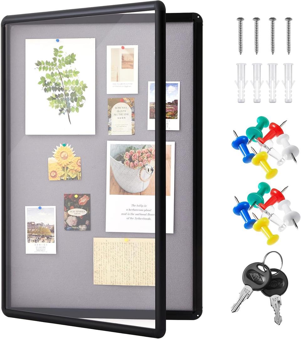 Geetery 36 x 24 Inch Enclosed Fabric Bulletin Board Tamperproof Lockable Noticeboard Fabric&Aluminium Frame Display Cases Wall-Mounted Display Case for School, Office - Secure, Durable, 38.6" x 27.6"