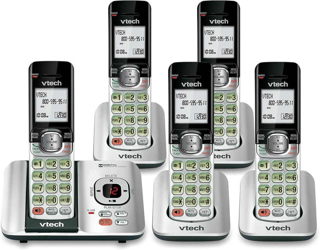 VTech CS6529-5 5-Handset DECT 6.0 Cordless Phone with Answering System, Caller ID/Call Waiting, Wall-Mountable, LCD Screen, Handset Speakerphone (Silver/Black)