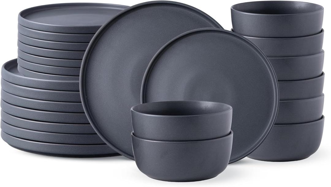 AmorArc Stoneware Dinnerware Sets for 8,Reactive Ceramic Plates and Bowls Set,Highly Chip and Crack Resistant | Dishwasher & Microwave Safe | Round Dishes Set Service for 8 (24pc) (Stoneware Charcoal Gray)