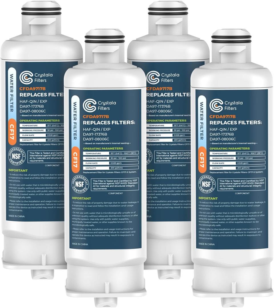 Crystala Filters CFDA9717B Replacement for DA97-17376B Water Filter, NSF 42 Compatible with Samsung HAF-QIN, HAF-QIN/EXP, DA97-08006C, RF23M8070SG, RF23M8070SR, RF23M8090SG, RF23M8570SR (4 Pack)