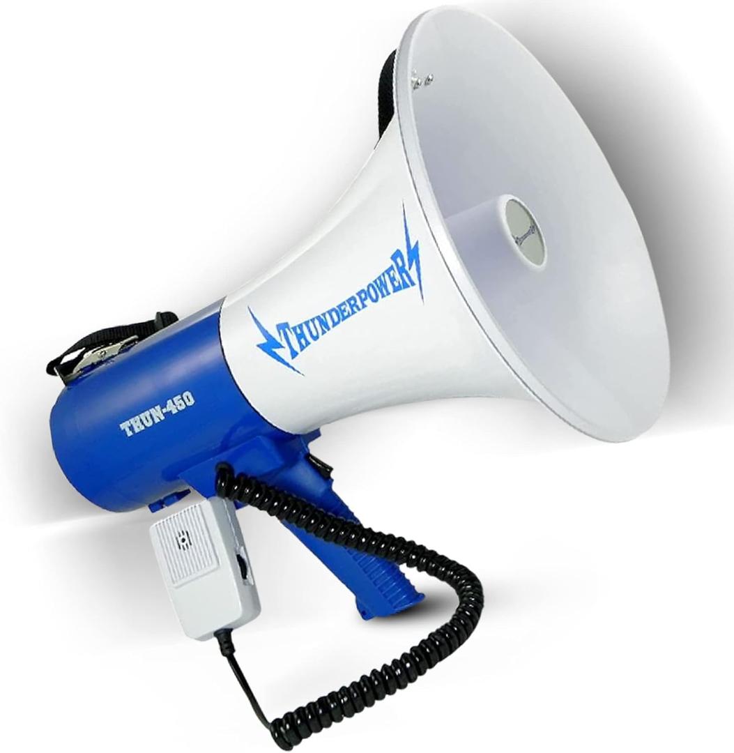 THUN450 1200 Yard Sound Range 35 Watt Portable PA Bullhorn Megaphone Speaker with 3 Megaphone Modes, Loud Blue Hand Held Bull Horn/Mega Phone, Electric Megahorn