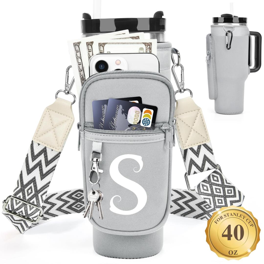 LOKASS Personalized Water Bottle Holder with Strap for Stanley Cup Accessories 40 oz, Initial for Stanley Cup Holder Carrier Bag with Phone Pocket, Everyday Carry Tumbler Accessories - Gray