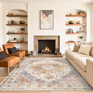 5x7 Area Rugs for Living Room,Stain Resistant Washable Rug,Non-Slip Backing Rugs for Bedroom,Kitchen,Printed Vintage Home Decor Rug (Turmeric/Grey, 5'x7')