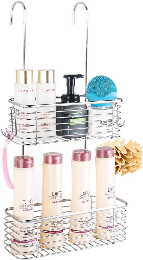 YQh Stainless steel double-layer shower rack, shower room hanging bathroom organizer, storage rack installed on the hanging bar or door, can store shampoo, hair conditioner, shower gel