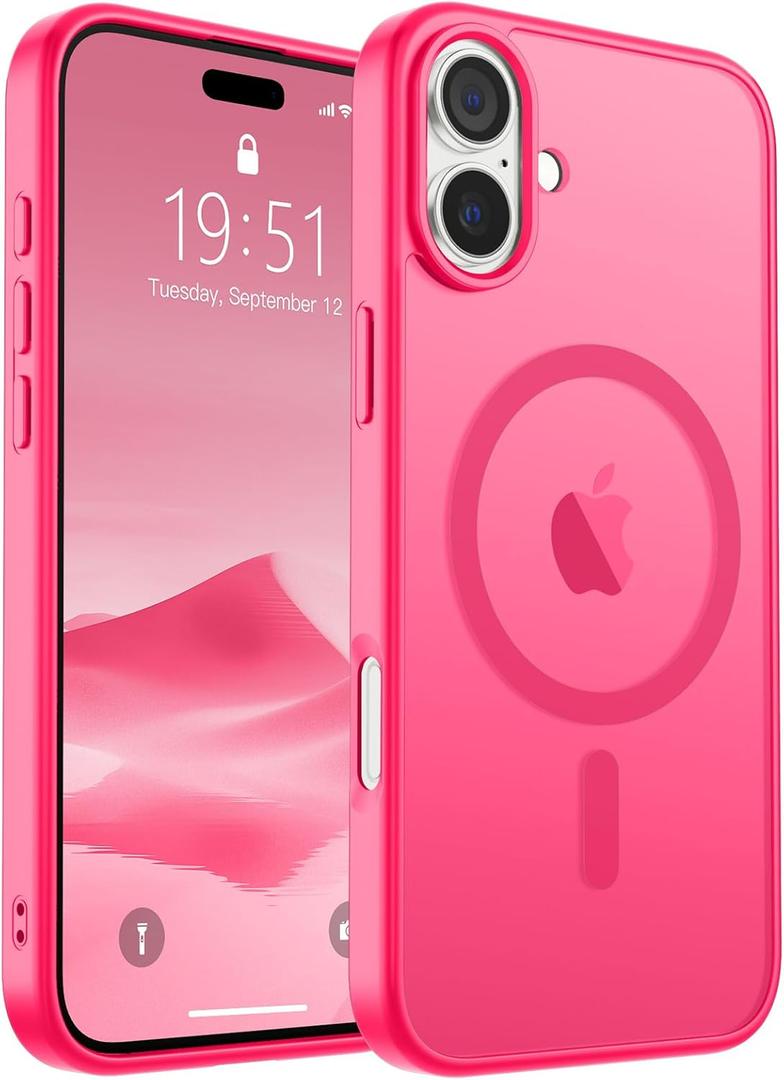 SUPFINE Magnetic for iPhone 16 Case (Compatible with MagSafe) (Military Grade Drop Protection) Slim Translucent Matte Shockproof with Anti-Fingerprint Phone Case,Hot Pink