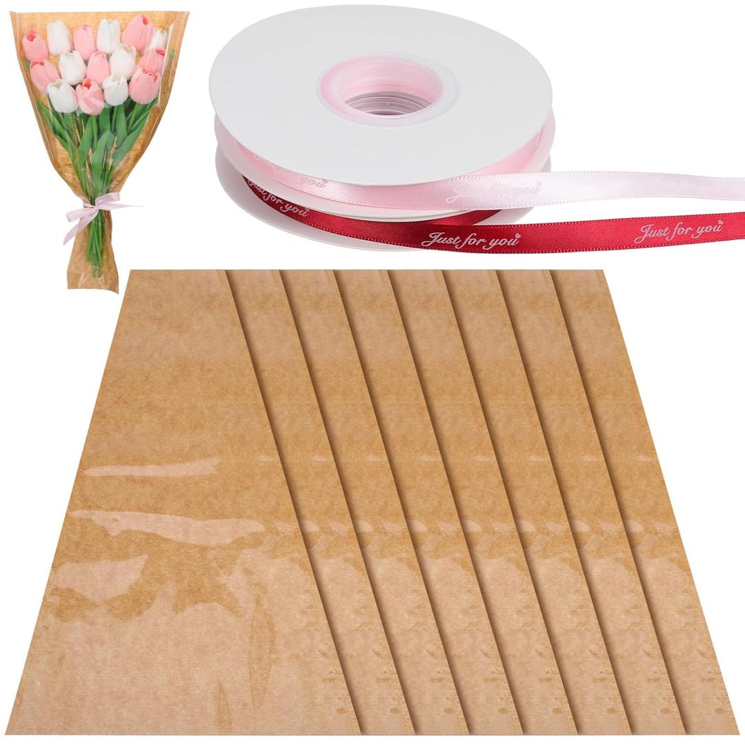 Operitacx Flower Bags for Bouquets with Ribbon Ties 17.32X11.02 Inch Floral Wrapping Paper Sleeves for Wedding Birthday Gift Packaging Flower Bar and Arrangement Supplies (40 Pack 2rolls)