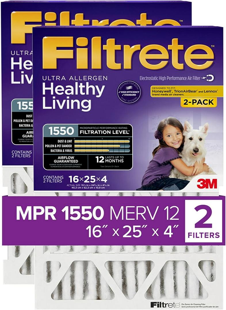 Filtrete 16x25x4, AC Furnace Air Filter, MPR 1550 DP, Healthy Living Ultra Allergen Deep Pleat, 2-Pack (actual dimensions 15.88 x 24.56 x 4.31)