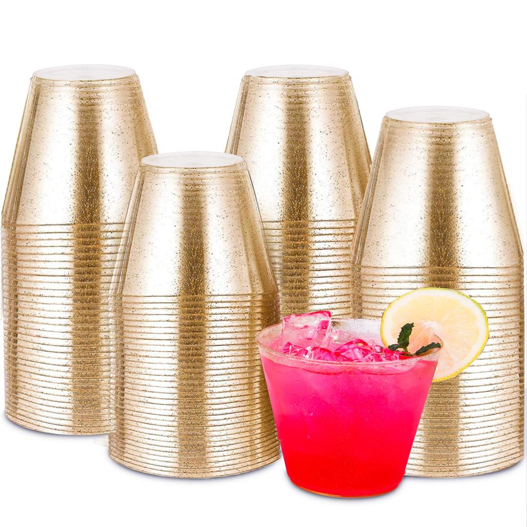Tobvory 100 Pack Gold Plastic Cups - 9 oz Hard Gold Cups, Premium Disposable Cups For Cocktail And Drinking - Food Grade Party Cups Set - Sturdy Plastic Tumbler Cups For Parties - Gold Glitter
