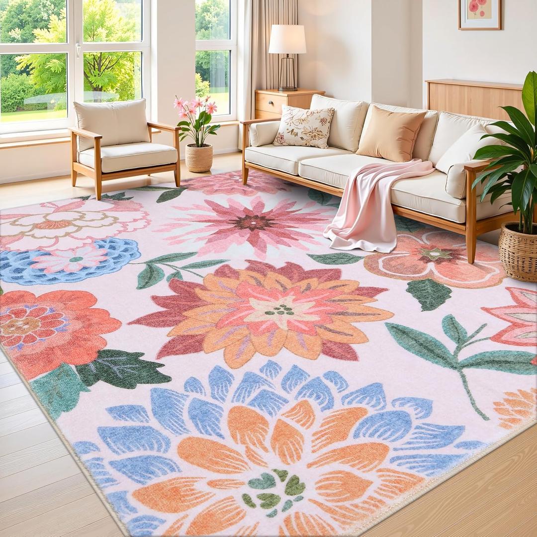 OLANLY 4x6 Area Rug, Washable Floral Rug for Bedroom, Living Room, Dining Room  Non Slip Low Pile Soft Indoor Carpet, Lightweight & Non-Shedding Throw Rug for Office or Kids Room, Pink