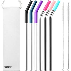 6 Packs Reusable Stainless Steel Straws with Silicone Tips and Travel Case, Long Metal Drinking Replacement Straws for Stanley Cup 40 oz Tumbler, 2 Cleaning Brushes Included, 3 Bent (Assorted Color)