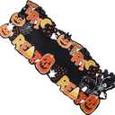 Embroidered Halloween Table Runner Skeleton Spooky Black Cat 90 Inches Long Cutout Ghost Skull Spider Web Pumpkin Coffee Dining Table Runner for Party Holiday (1388IN)