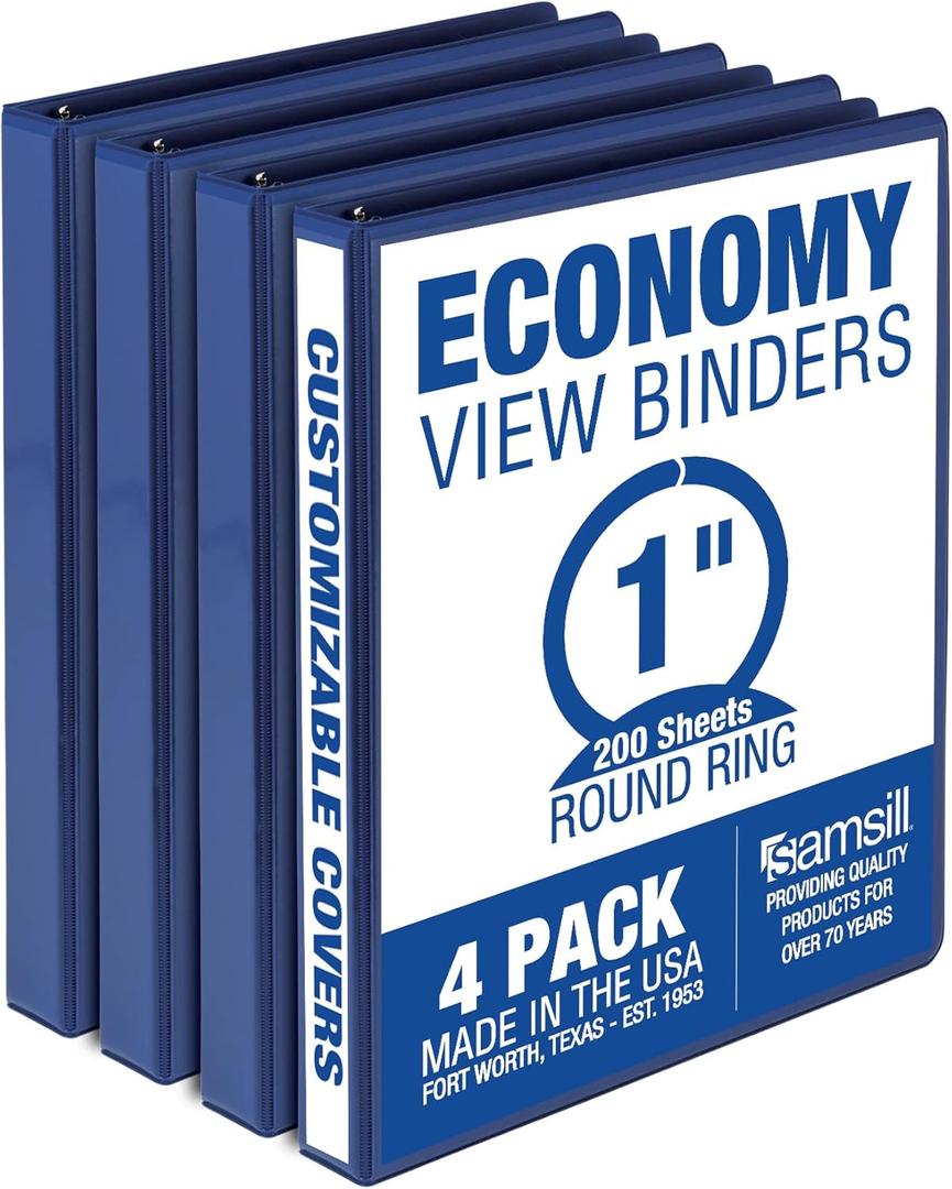 Samsill 1 Inch 3 Ring Binders, Made in USA, Economy Round Ring, Clear View Cover, 200 Sheet Capacity - for School, Home, Office - Blue, 2 Pack