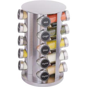 New England Stories Revolving Spice Rack Set with 20 Spice Jars, Kitchen Spice Tower Organizer for Countertop or Cabinet - Carousel Storage Includes 386 Spice Labels (Silver)