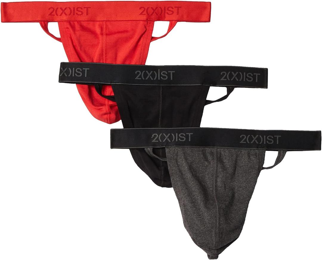 2(X) IST Men's Essential Cotton Y-back Thong 3-pack (Black/Charcoal Heather/Poppy Red)