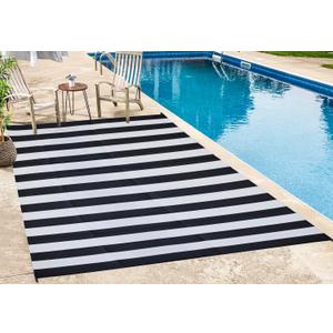 FH Home Outdoor Camping Rug - Waterproof, Fade Resistant, Reversible - Premium Recycled Plastic - Striped - Patio, Deck, Sunroom, RV - Brittany Stripe - Black & White - 5 x 8 ft Foldable