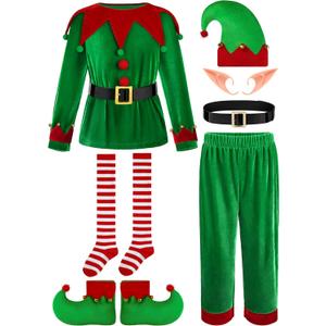 FancyFun 6 Pack Christmas Kids Elf Costume, Boys Christmas Elf Costume Velvet Cosplay Santa's Helper Costume Xmas Outfit (11-13 Years)