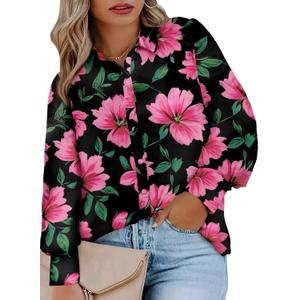 Eytino Women Plus Size Tops Summer V Neck Long Sleeve Button Down Pleated Business Work Blouse Shirts (1X-5X) (Z5 Black)