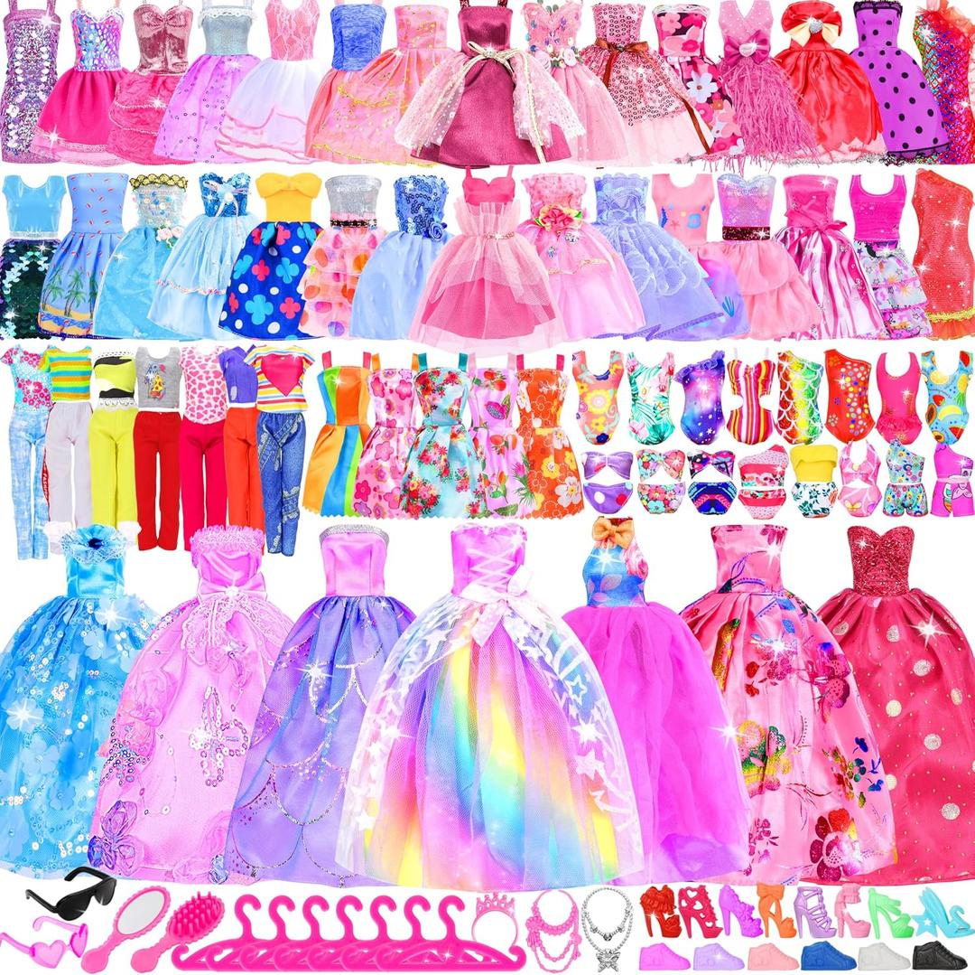71 Pack Doll Clothes and Accessories - 5Princess Dress 9 Fashion Dress Cloth 3 Top and Pants 3 Bikini Swimsuits 20 Shoes 28 Other Doll Accessories Size Suit for 11.5 Inch Dolls
