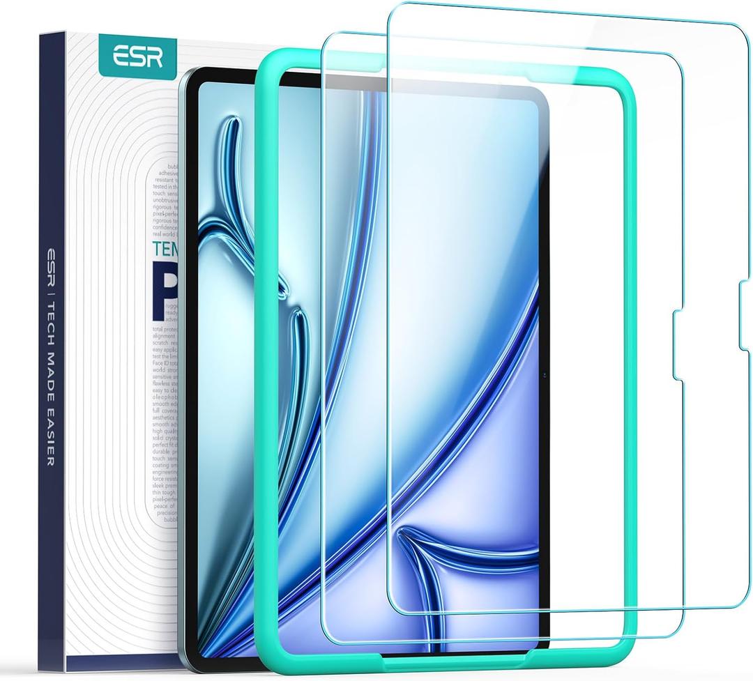 ESR 2 Pack Screen Protector for iPad Air 11 Inch M3/M2 (7th/6th Generation, 2025/2024), 9H Tempered Glass Film Guard with Alignment Frame, Anti-Scratch, Bubble Free, HD Clarity, Apple Pencil Compatible