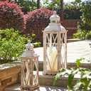 Glitzhome Large Farmhouse Wooden Metal Lantern Set of 2, 28.74" H/20.47" H Rustic Decorative Floor Candle Lanterns, Distressed Hanging Lanterns for Home Dcor White (No Glass)