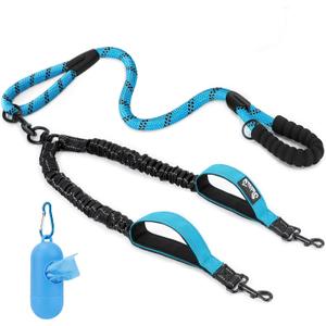 Lukovee Double Dog Leash, No Tangle - 360 Swivel Heavy Duty Reflective Lead for 2 Dogs with Two Padded Handles Dual Dog Splitter, Shock Absorbing Walking for Dogs (Blue,L)